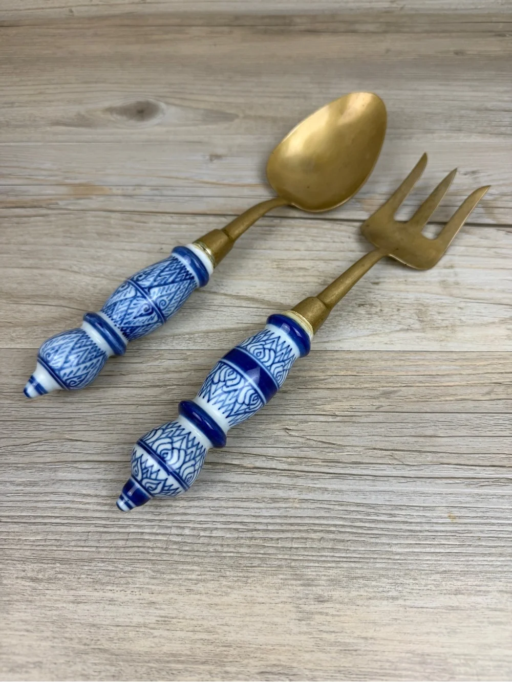 Brass Serving Utensils with Hand Painted Porcelain Handles Vintage